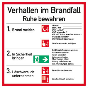 Brandschutzzeichen Verhalten im Brandfall ISO7010, Kunststoff, 180 x 180 mm